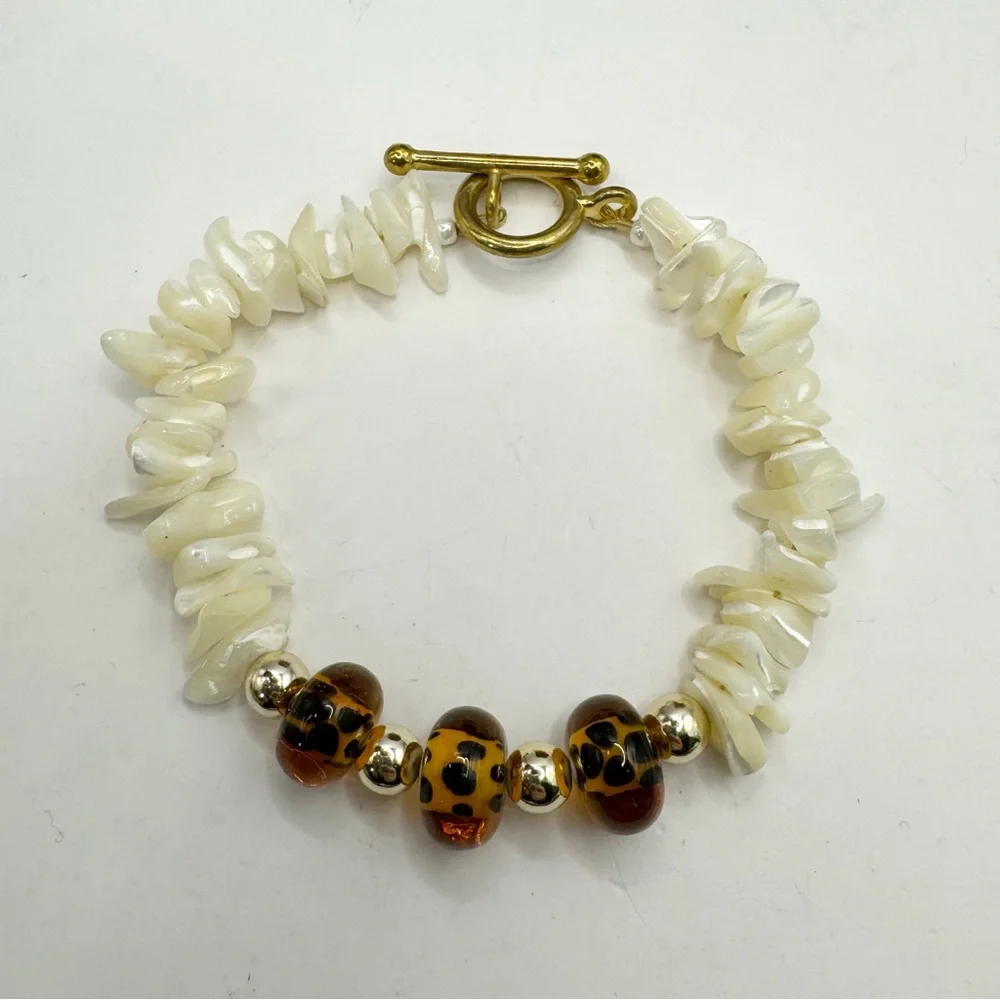 Mother of Pearl and glass leopard print bead toggle closure bracelet